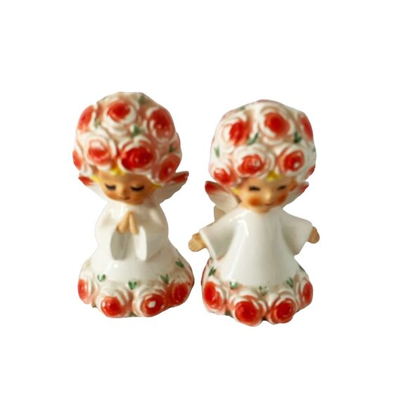 Vintage Lefton Pink Roses Girls Porcelain Angel Salt Pepper Shakers Japan 3.5"